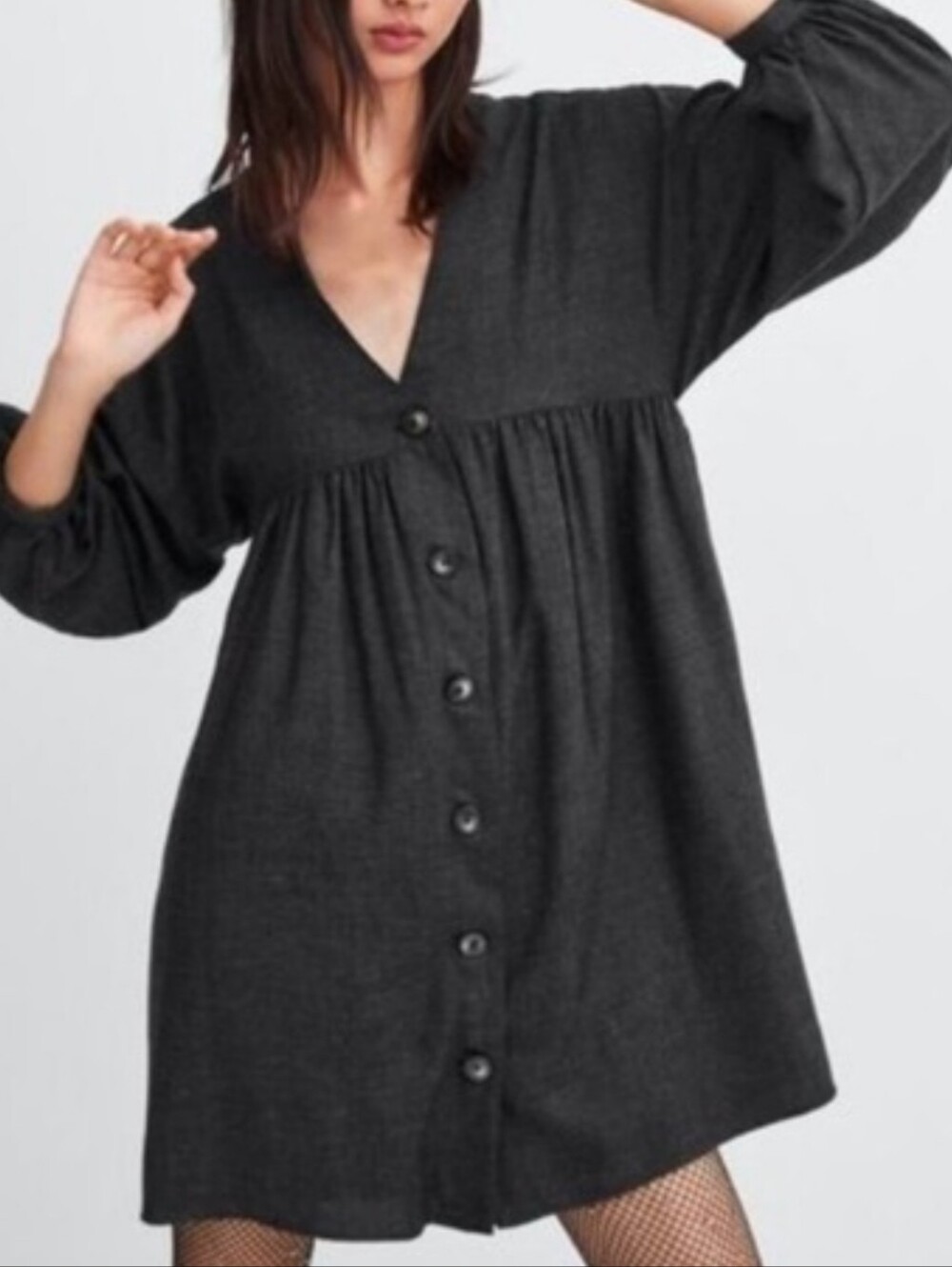 Zara Charcol Button-Up Long Sleeve Minimalist Comfy Tunic Dress